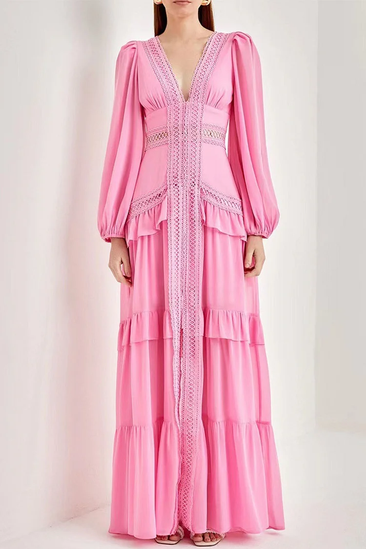 Semi Formal Pink Chiffon Lace Patchwork Ruffle Puff Sleeve Slit Maxi Dress