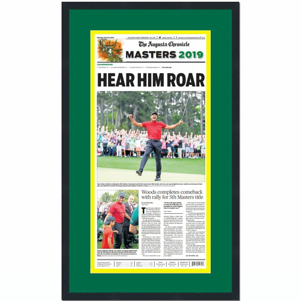 Framed The Augusta Chronicle Tiger Woods 2019 Masters Newspaper 17x27 Photo Poster painting