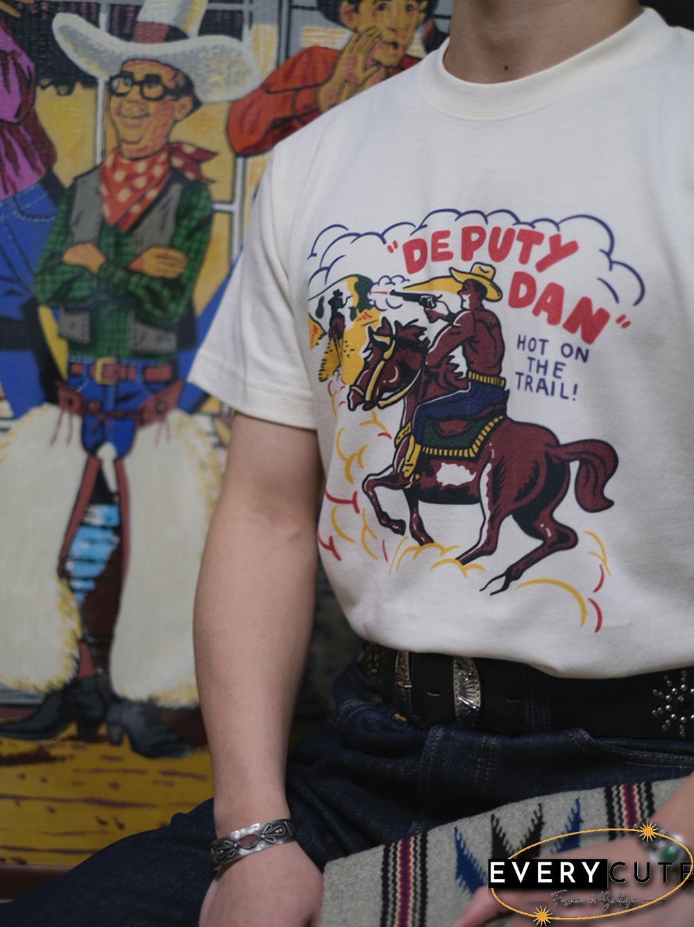Retro Men's Western Denim Print Casual T-Shirt