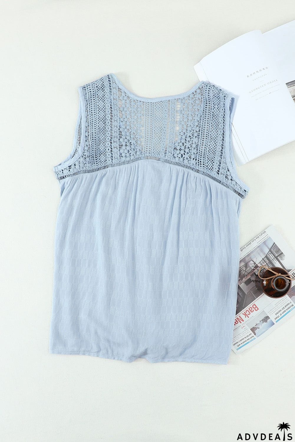 Chic Sky Blue Lace Tie Front Button V Neck Tank Top