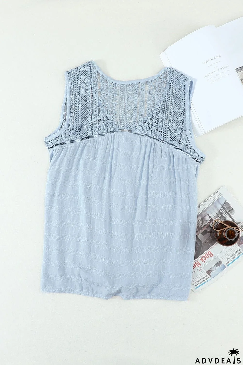 Chic Sky Blue Lace Tie Front Button V Neck Tank Top