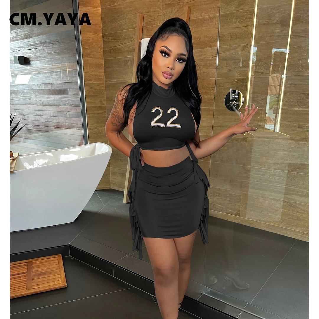 CM.YAYA Women 2022 Summer Tassel Side Mini Midi Skirts Suit Open Side Sleeveless Crop Tops Beach Matching Two 2 Piece Set Outfit