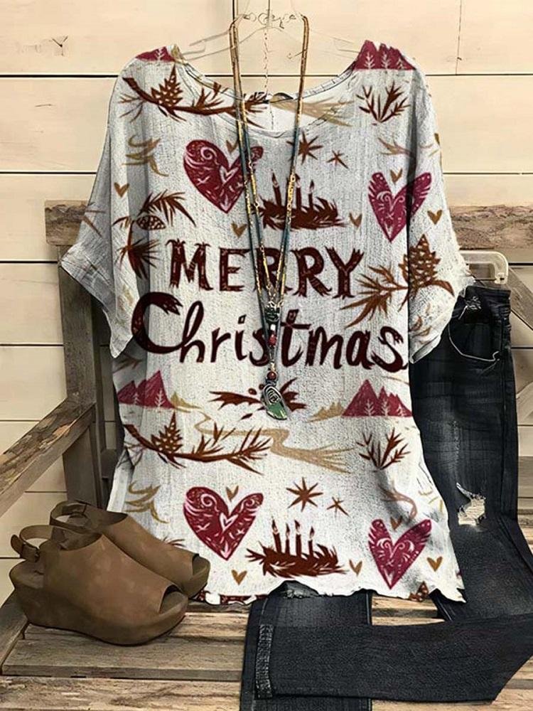 Women‘s Loose Merry Christmas Love Pattern T-Shirt