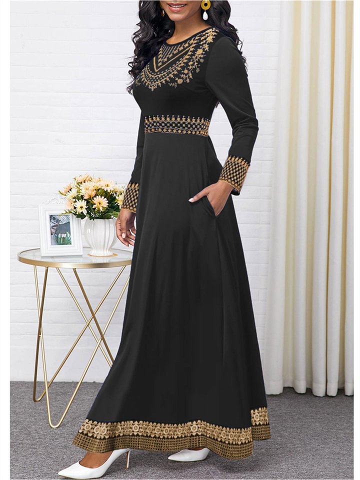 Retro Fashion Print High Waist Long Sleeve Maxi Skirt Female -vasmok