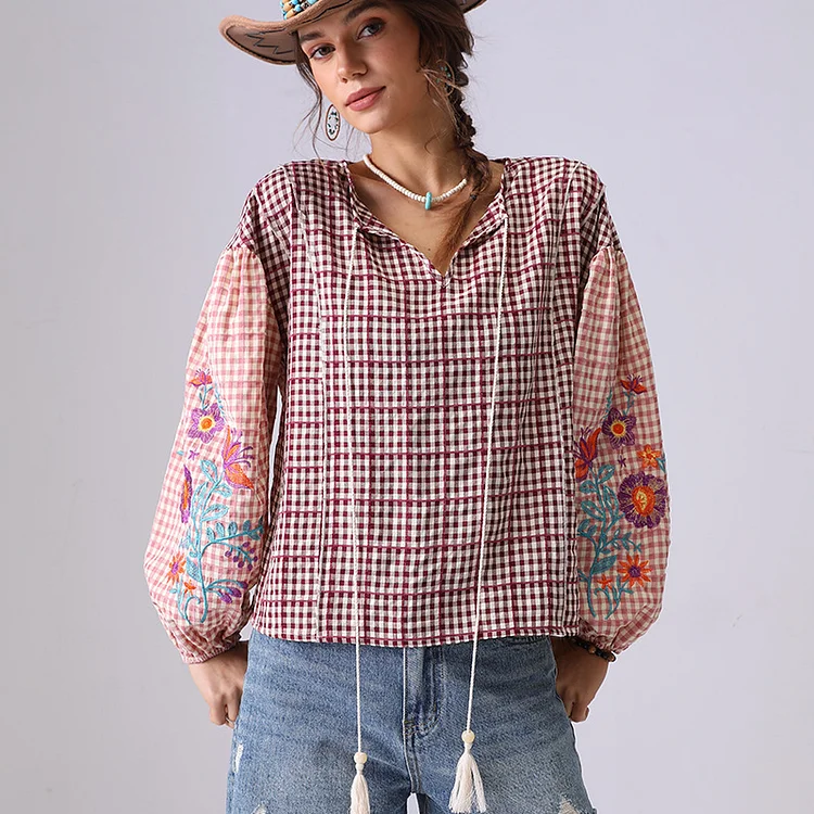 Women's Bubble-sleeved Patchwork Contrasting Colors Floral Embroidery Plaid Shirt 100% Cotton