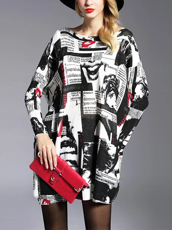 Printed Letter Print Loose Long Sleeves Round-Neck Sweater Tops Pullovers Knitwear