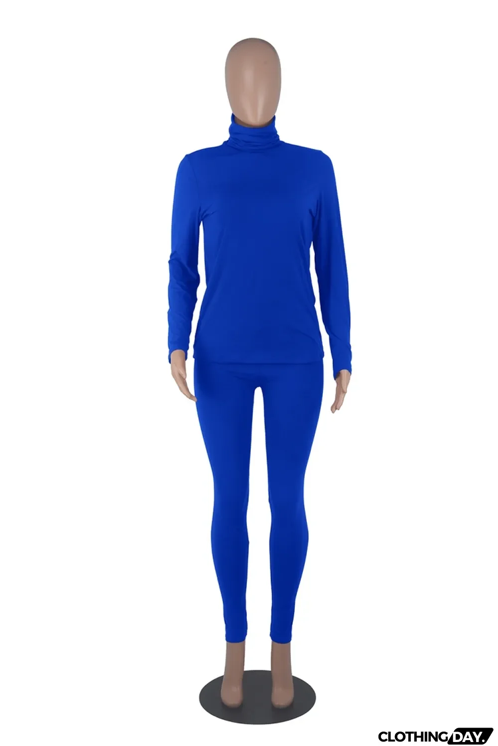 Autumn Casual Blue Turtleneck Shirt and Pants Matching Set