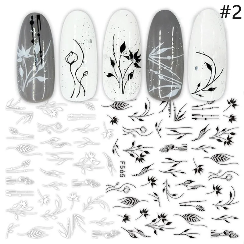 1pcs Black White Letter Stickers For Nails Flower Leaf Linear Transfer Decals Slider 3D Nail Art Decorations Wraps