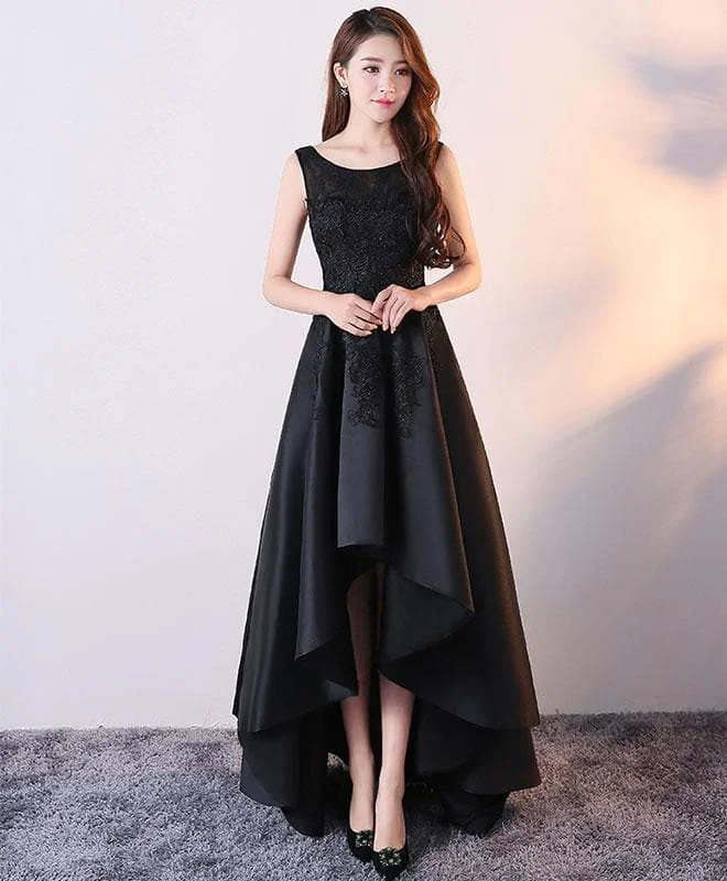 Black Round Neck Satin Lace High Low Prom Dress, Black Homecoming Dress