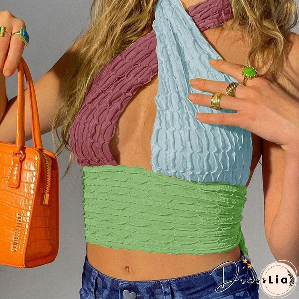 Cotton Patchwork Hollow Out Knit Crop Top Women Halter Neck Summer Sleeveless Backless