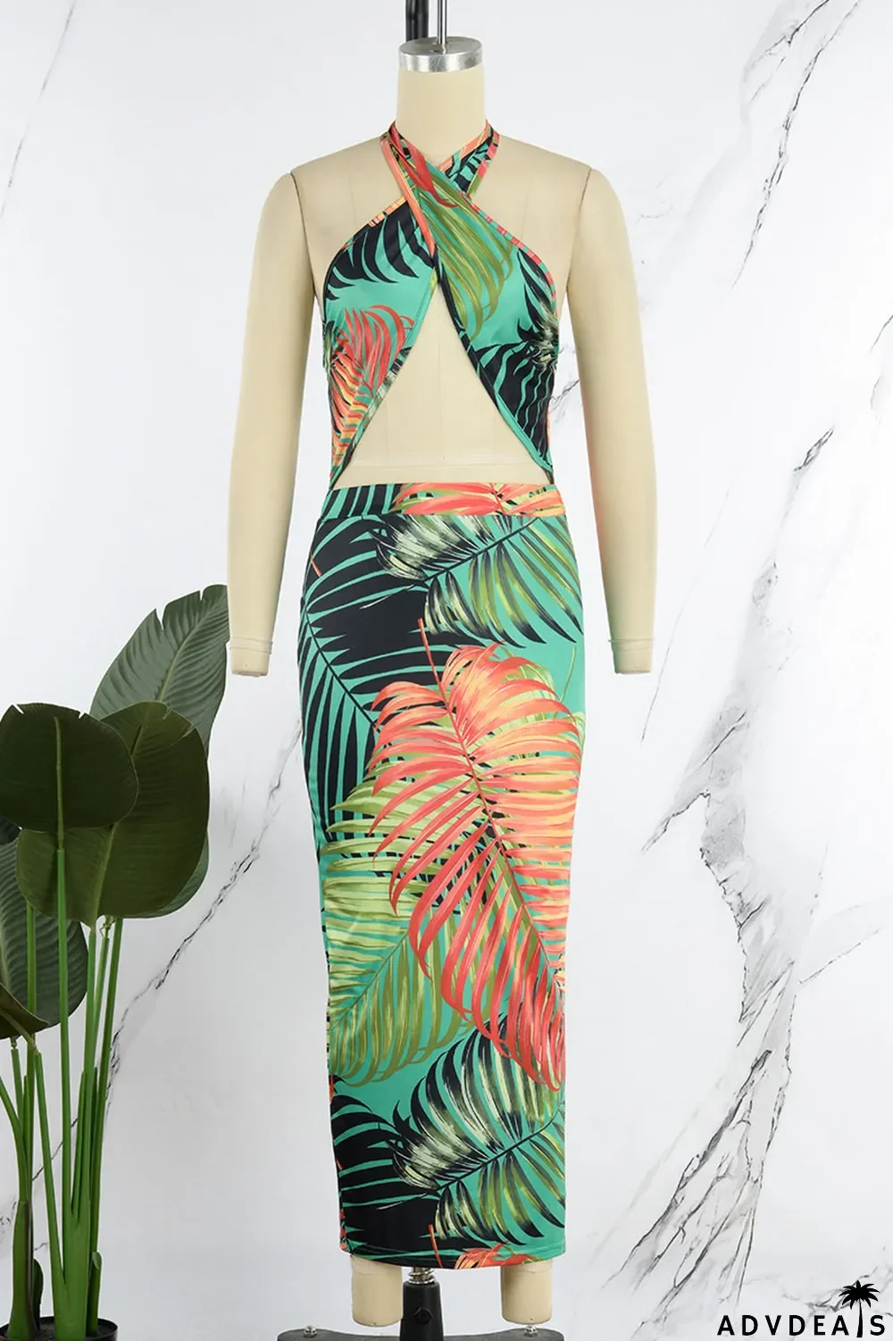 Green Sexy Print Bandage Patchwork Backless Halter Pencil Skirt Dresses