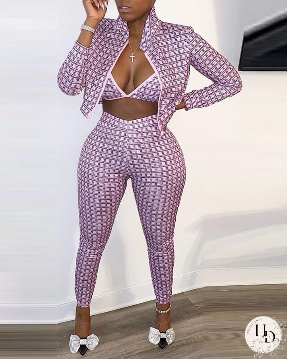 Colorblock Bra & Long Sleeve Coat & Skinny Pants Set P10922