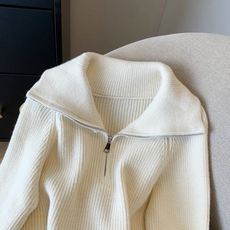 Woherb Half-Zipped Navy Collar Lazy Wind Sweater Female With Autumn And Winter Knit Sweater Loose Outside Wearing Soft Waxy Short Top-Outfit Ideas