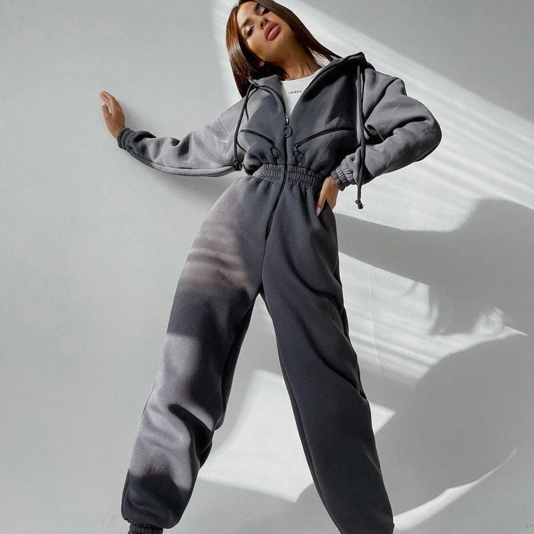 Tawnie Elegant Women's Jumpsuit Warm Overalls Fleece Hooded Zipper Drawstring Jumpsuit and Bodysuit Casual One Piece Ladies 2022