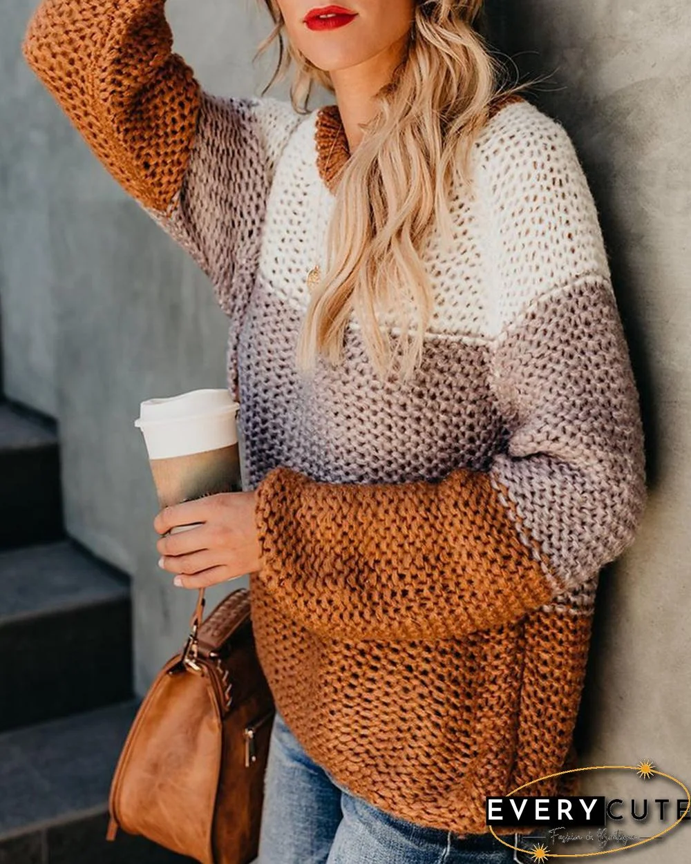 Colorblock Insert Knitted Casual Sweater P10946