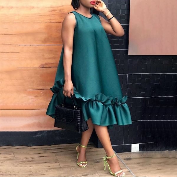 3 Colors Women Fashion Sleeveless Solid Color Dresses Prom Crew Neck Ruffled Hem Vestido S-5XL Summer - BlackFridayBuys