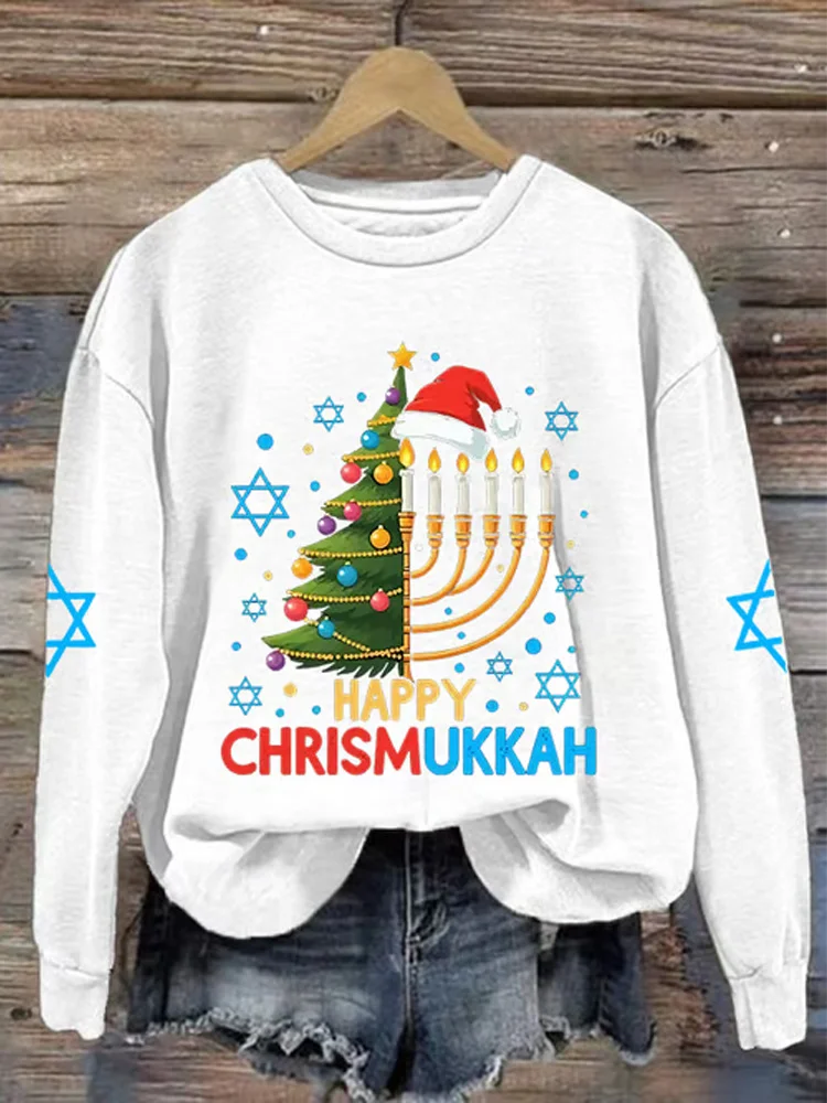 Women's Hanukkah Print Crew Neck Sweatshirt