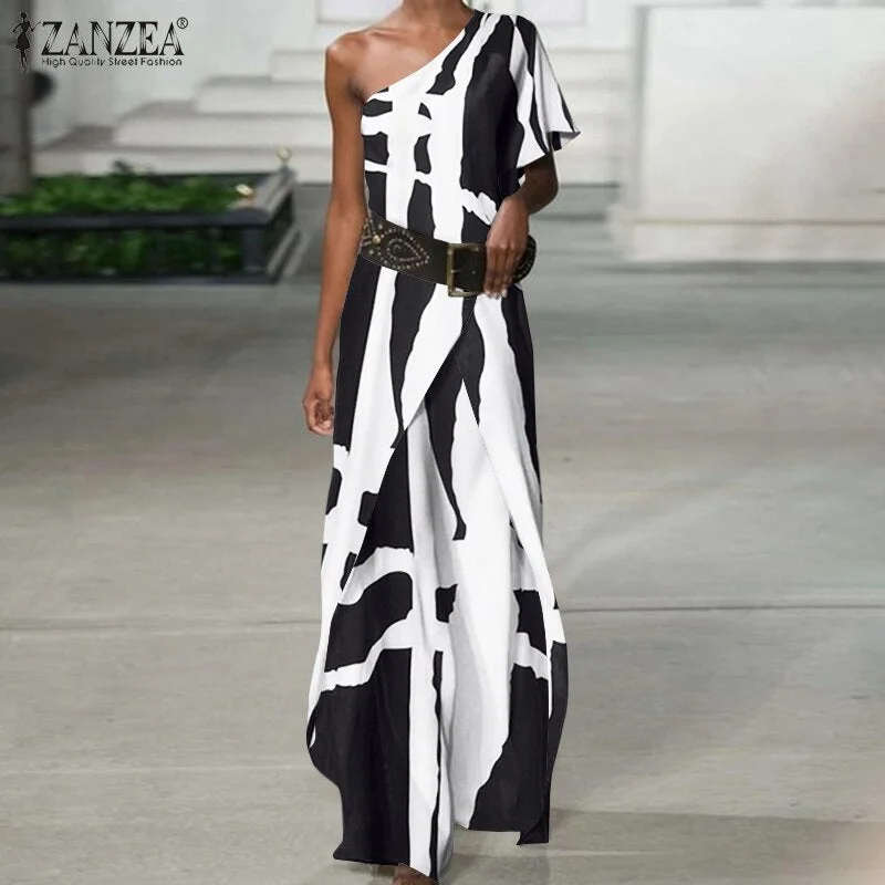 Feminino Fashion Sexy One Shoulder Sleeve Playsuits Asymmetrical Ruffles Solid Women Jumpsuits ZANZEA Overalls