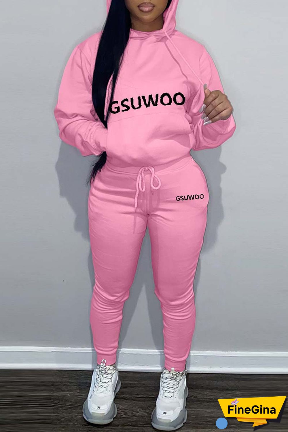 Khaki Casual Letter Print Basic Hooded Collar Long Sleeve Two Pieces