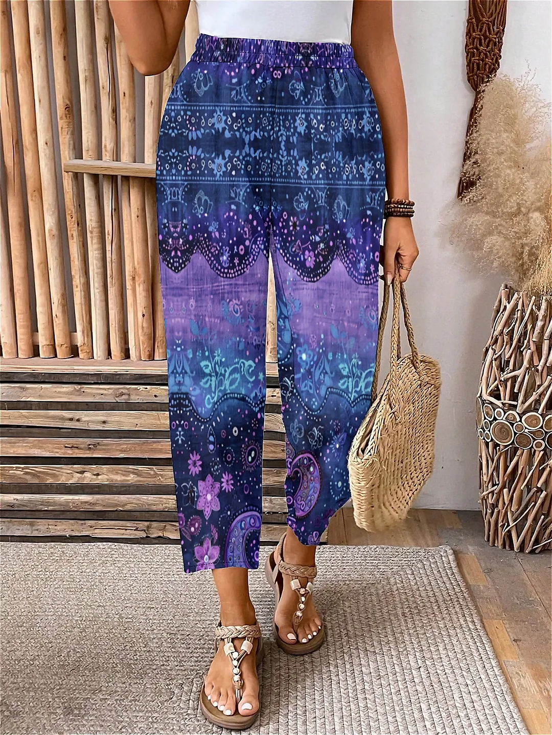 Plus Size Elastic Waist Purple,Floral,Bohemian Printed Pants