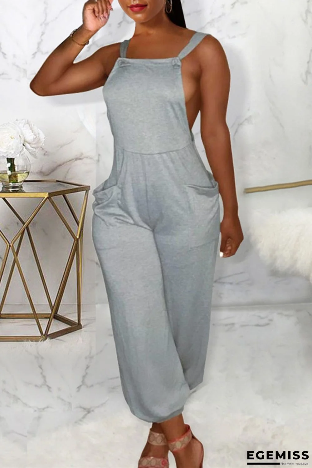 Grey Sexy Casual Solid Backless Spaghetti Strap Regular Jumpsuits | EGEMISS