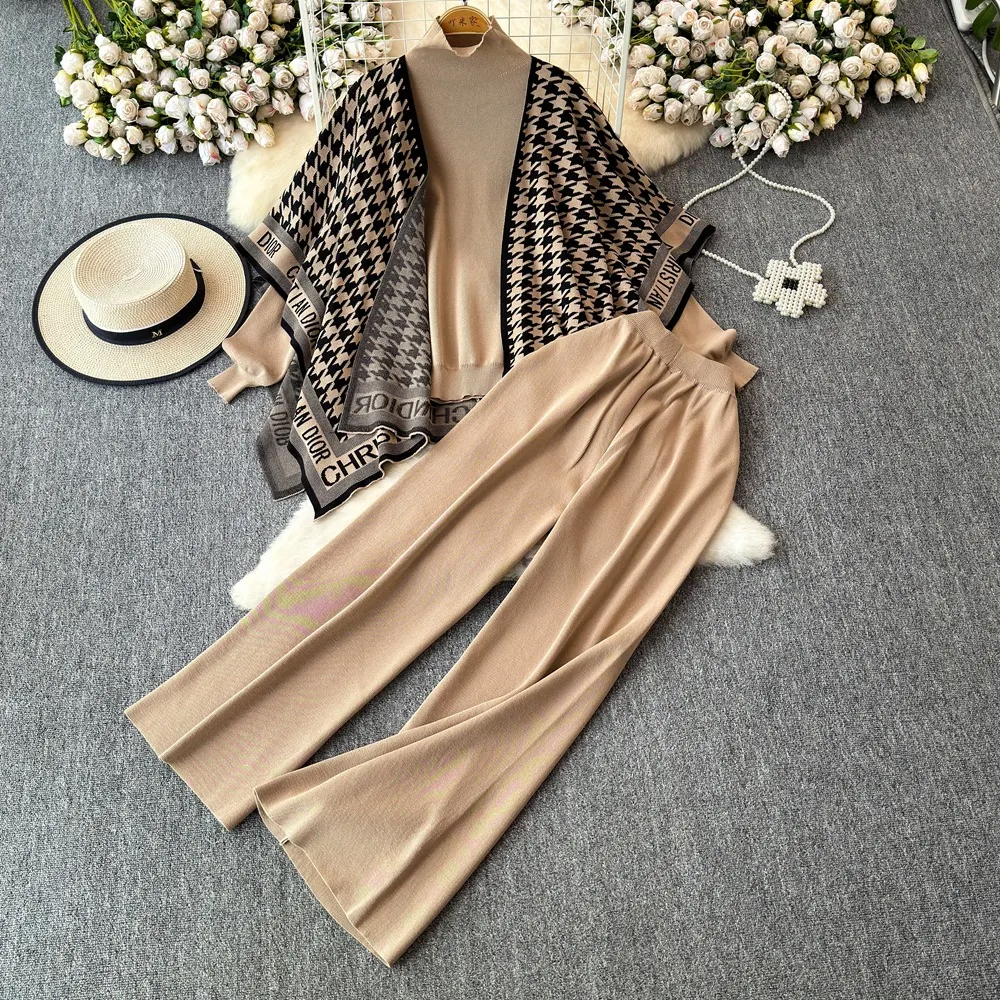 Athvotar Athvotar Version Of Chic Fashion Set Women's Long-Sleeved Knitted Top Coat + High-Rise Display Thin Leg Straight Trousers Three-Piece Set