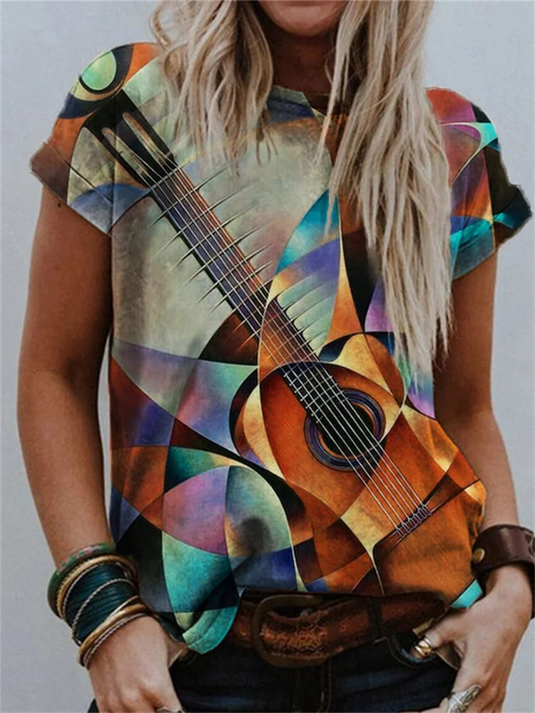 Guitar Modern Geometric Art Crew Neck T Shirt