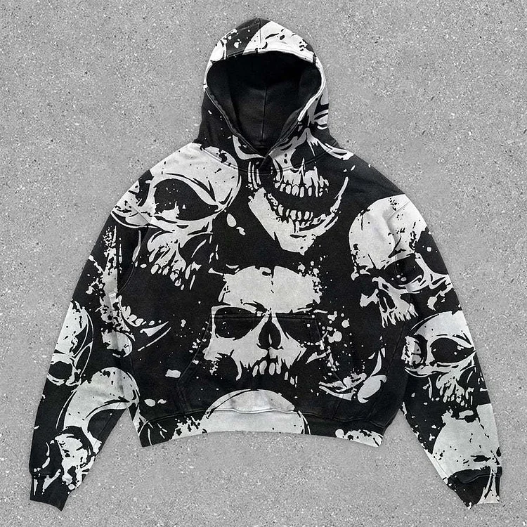 Multiple White Skull Prints Lazy Street 3D Printing Loose Hooded long-sleeved Sweater Hoodie-VESSFUL