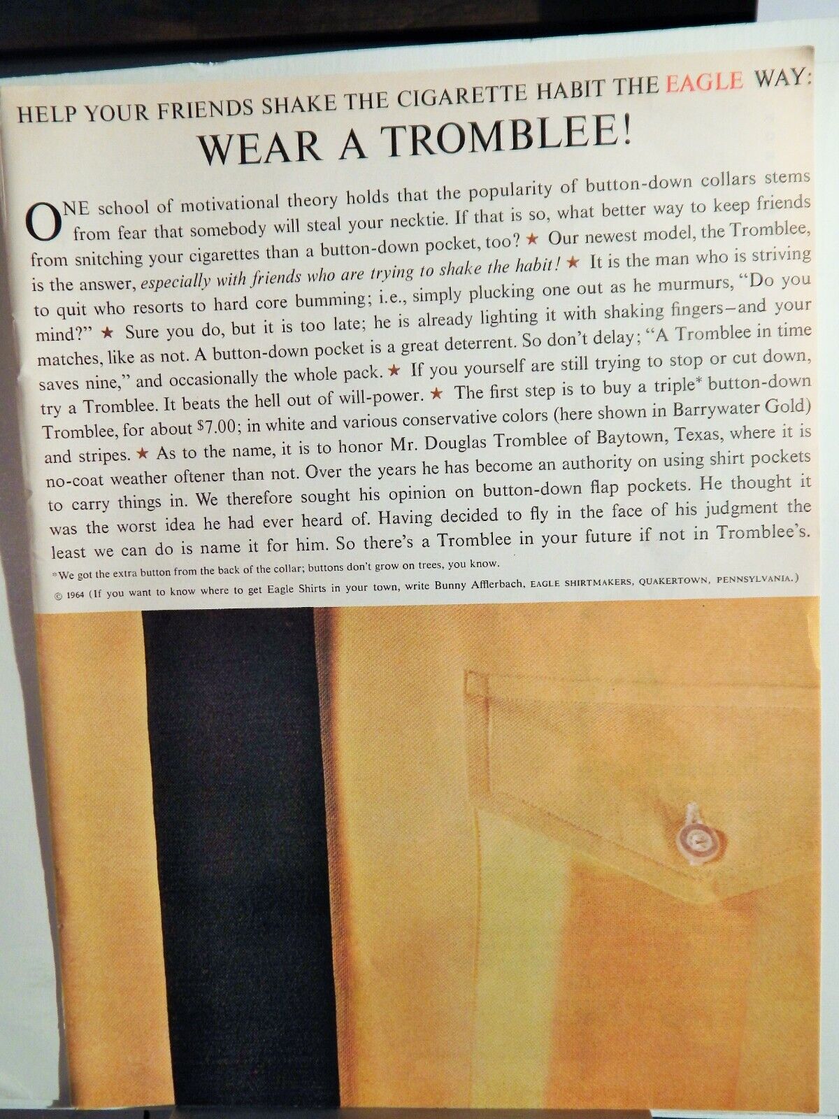 TROMBLEE MENS SHIRT / ZERO KING MENS JACKET 1964 VTG Photo Poster painting AD, RARE EPHEMERA