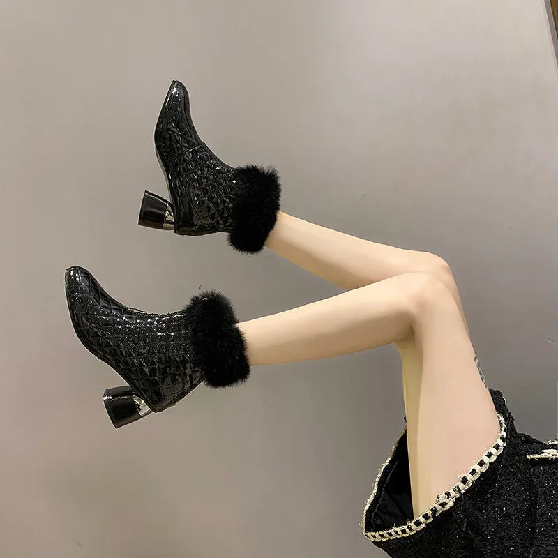 Genuine Cony Hair Women Short Boots,Winter Shoes 2020,Pointed toe,Front Zip,Square Heel,Fashion Female Footware,BLACK,BEIGE
