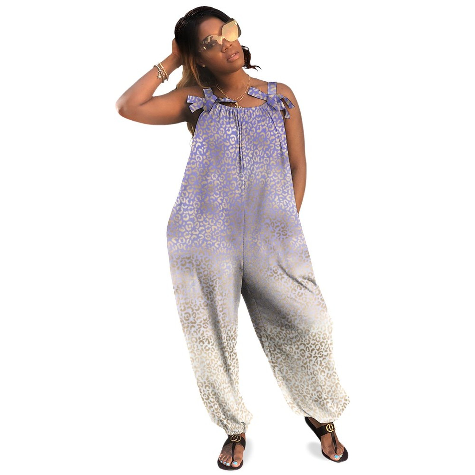 Purple Gold Ombre Leopard Print Women Casual Jumpsuit Plus Size Loose Summer Sheer Plus Size Jumpsuit Rompers Overalls Wide Leg Boho Pockets