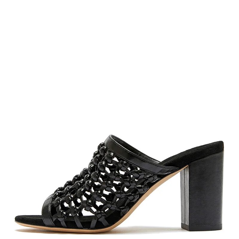 TAAFO Black High Chunky Heels Mules Peep Toe Woman Sandals Ladies Narrow Band Casual Shoes