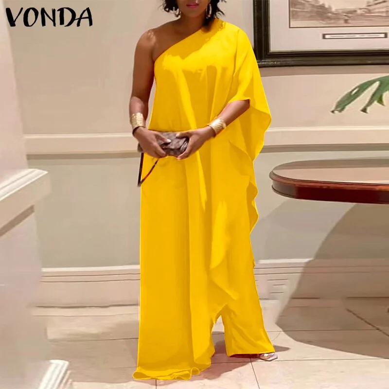 VONDA Women Long Dress Summer Sexy One Shoulder Solid Maxi Fall Dresses Oversize Skew Collar Holiday Vestidos Femme Long Robes