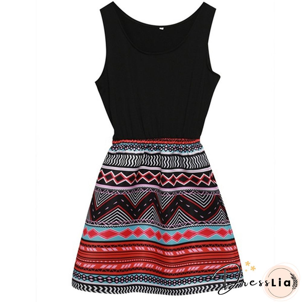 Women Print Patchwork Sundress Sleeveless A-Line Mini Cocktail Dress