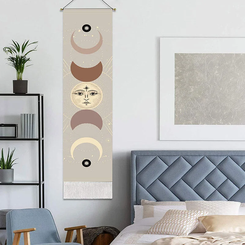 Home Sun Moon Scroll Drawing Decor Macrame Tassel Hand-Woven Wall Hanging Tapestry Tarot Bedroom Art Background Cloth Tapesry