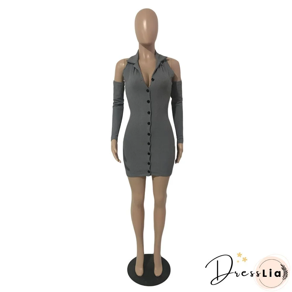Autumn Ribbed Long Sleeve Lapel Bodycon Mini Dress