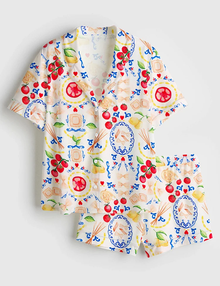 Women&rsquo;s Italy Travel Italian Girl Summer La Dolce Vita Amalfi Coast Portofino Print Short Sleeve Satin Pajama Set