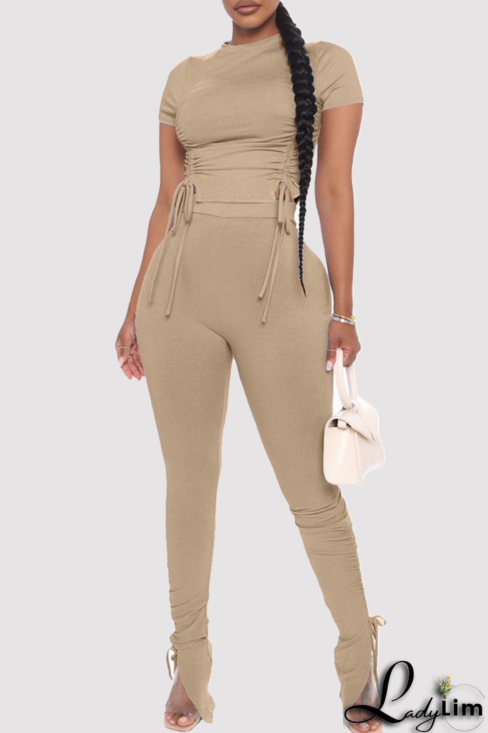 Khaki Fashion Casual Solid Draw String Frenulum O Neck Short Sleeve Two Pieces