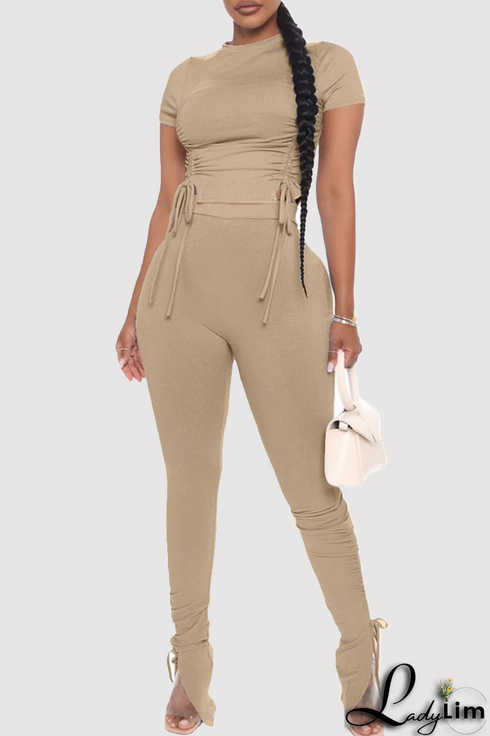 Khaki Fashion Casual Solid Draw String Frenulum O Neck Short Sleeve Two Pieces