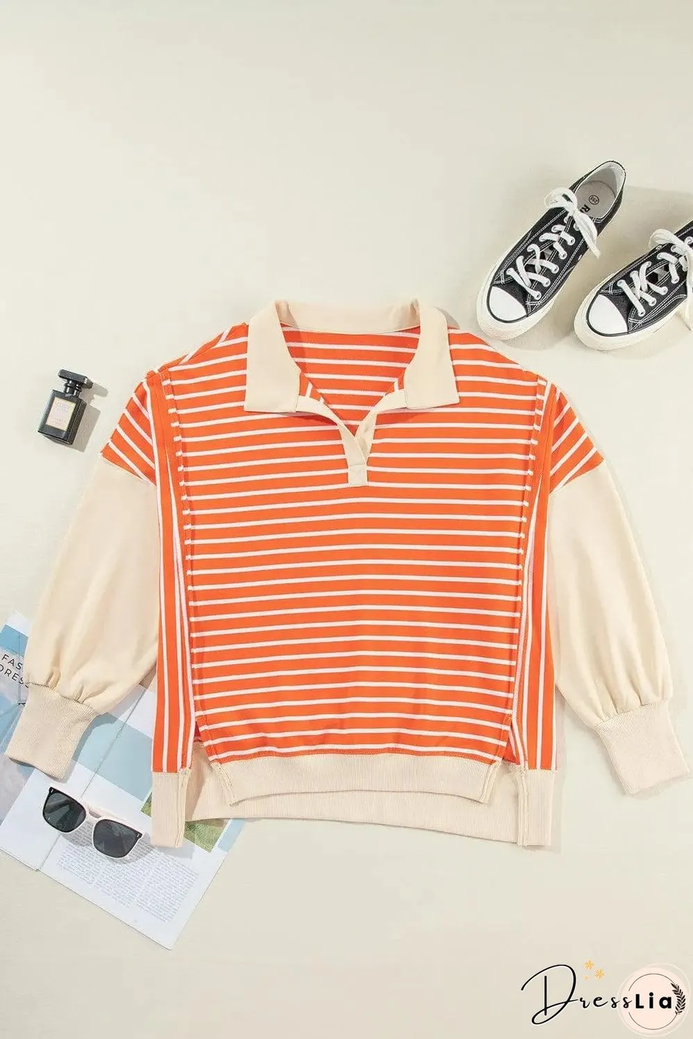 Orange Stripe Color Block Loose Fit Collared Drop Shoulder Sweatshirt