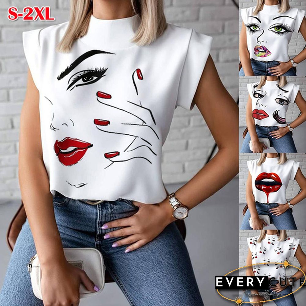 S-2XL New Fashion Women Elegant Lips Print Tops and Blouse Shirts Summer Ladies Office Casual Stand Neck Pullovers Eye Blusa Tops