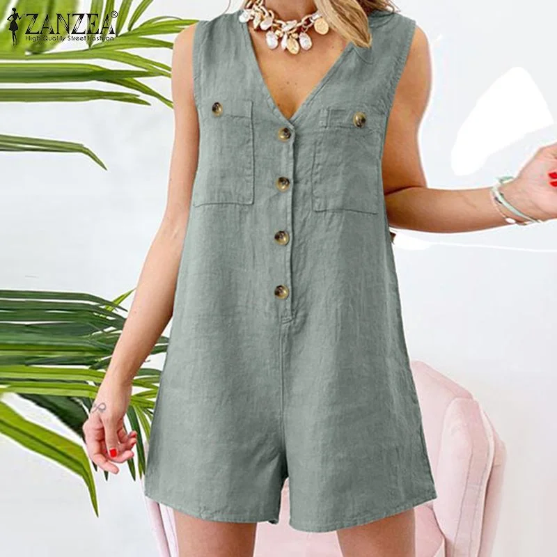 Stylish V Neck Sleeveless Rompers 2022 ZANZEA Summer Women Short Playsuits Casual Solid Loose Jumpsuits Beach Overalls Oversized
