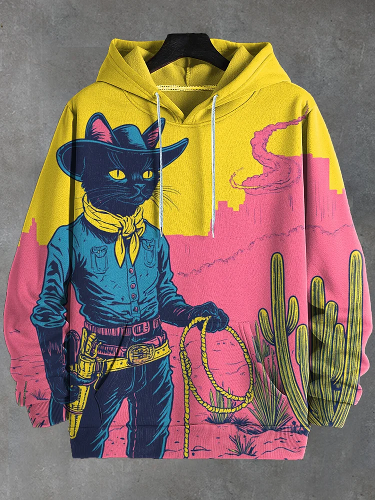 Men's Western Cowboy Black Cat Print Casual Hoodie
