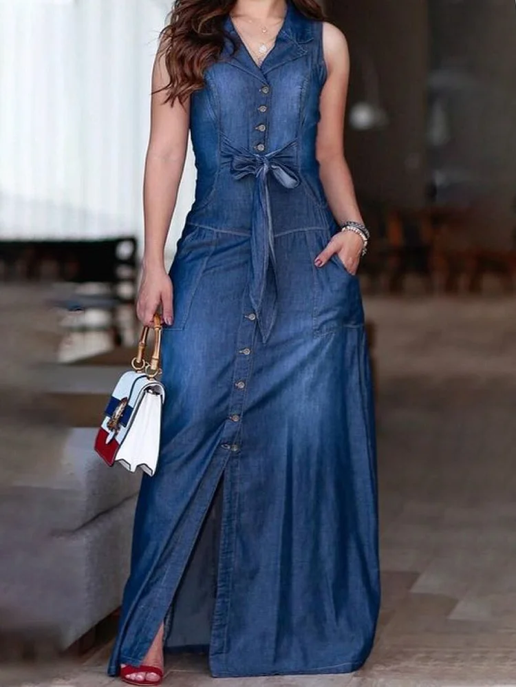 Fashion Plain Lapel Collar Light Washed Denim Bow Tank Dress