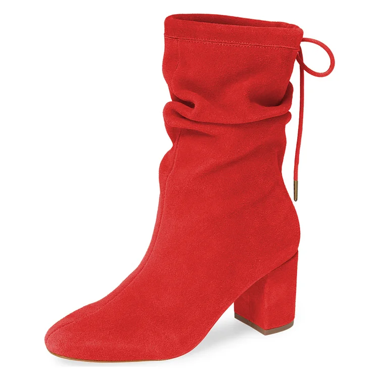 Red Slouch Boots Vegan Suede Lace Up Block Heel Boots |FSJ Shoes