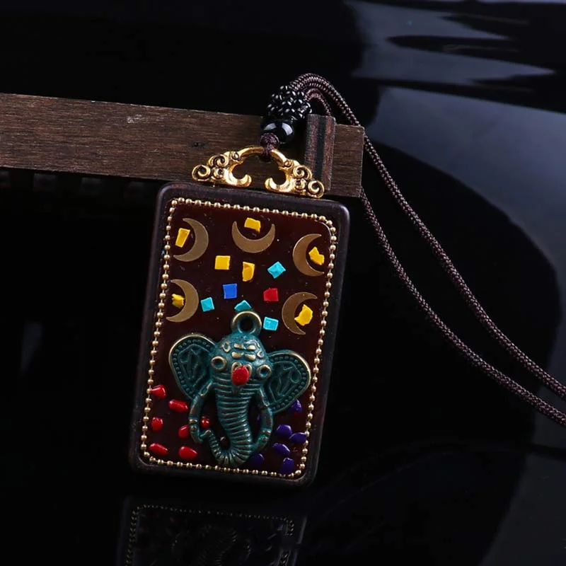 Ebony Wood Elephant Lotus Balance String Necklace Pendant