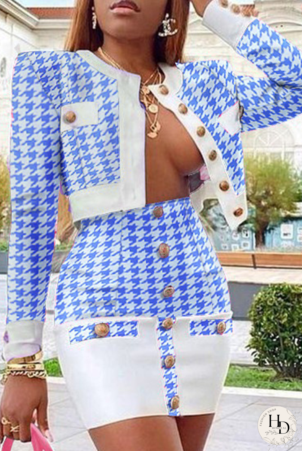 Light Blue Sexy Plaid Patchwork Cardigan Collar Long Sleeve Two Pieces