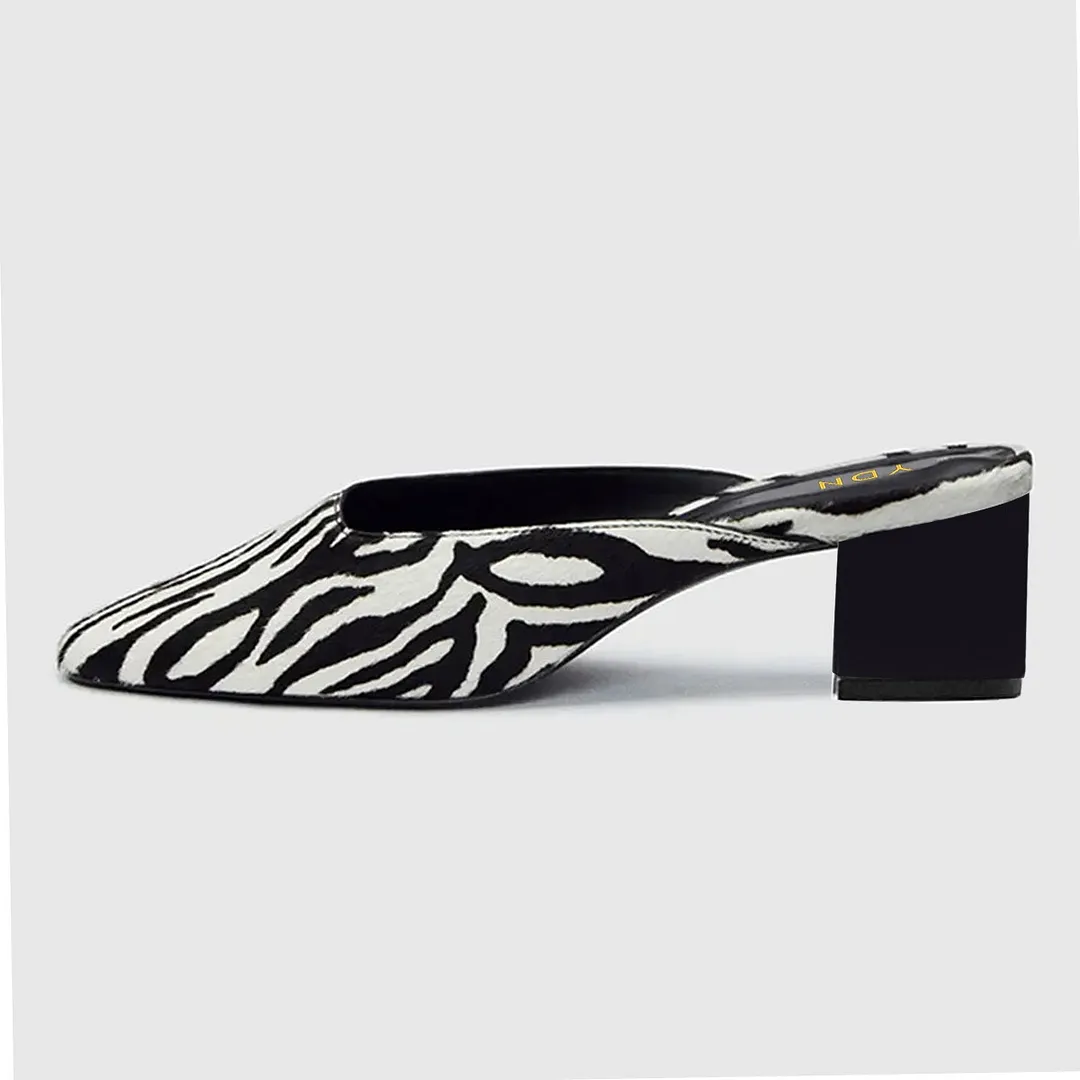 Zebra Faux Fur Square Toe Slip On Block Heeled Mules