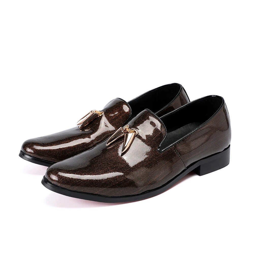 VCSHOES Men Brown Patent Leather Shoes Wedding Party Men Dress Shoes Men Casual Loafers Smoking Slippers