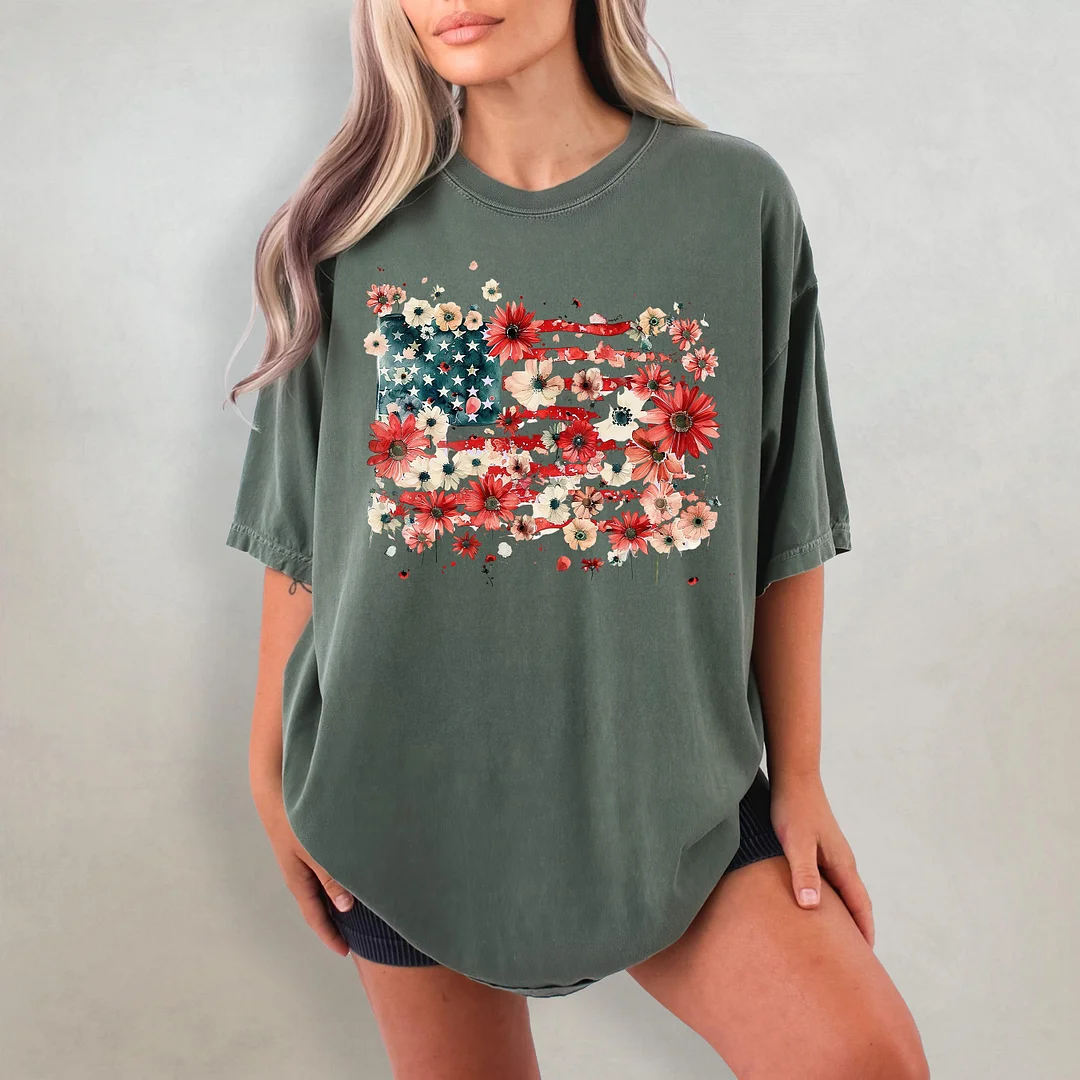 Floral American Flag 4th Of July T-shirt
